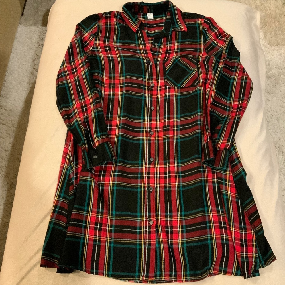 Old Navy Red M Tartan Plaid Shirt Dress Holiday Party Scandi Girl Cottagecore